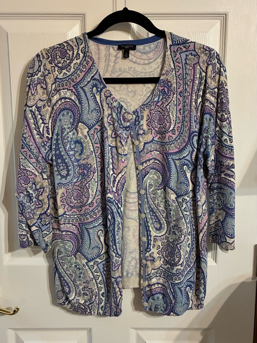 Talbots Pastel Paisley Crewneck Cardigan - Blue & Lavender
